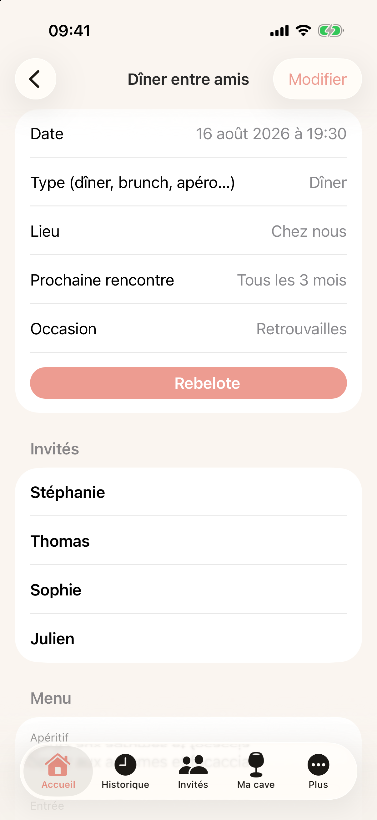 Tous les détails d’un dîner : invités, menu, lieu et prochaine rencontre.